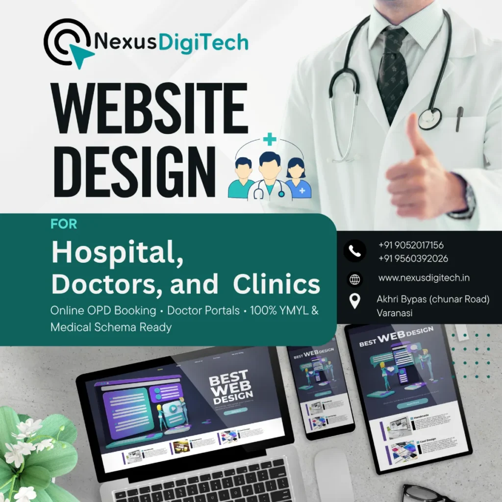 Specialized website design for hospital in varanasi and private doctors clinic medical website development by Nexus DigiTech.